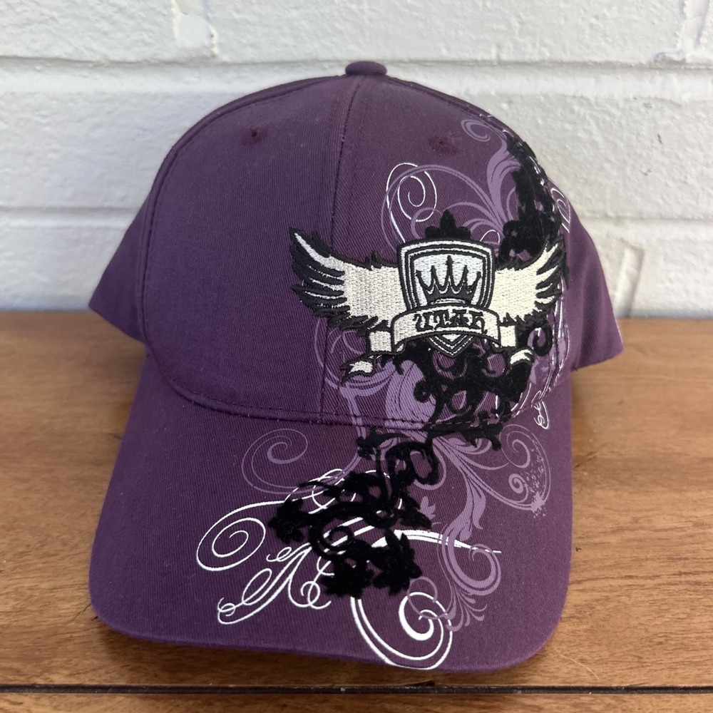 Y2K American Crown Purple Graphic Baseball Cap Winged Crest Velvet Strapback Hat